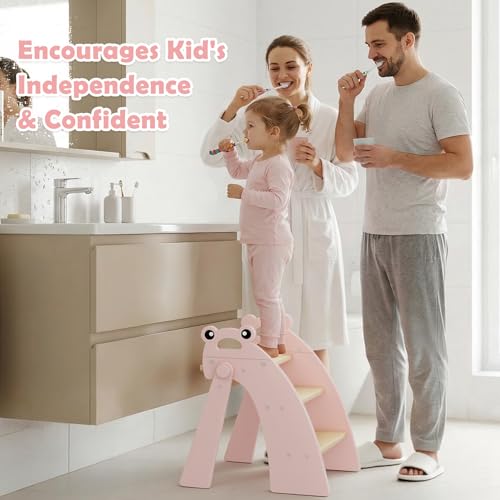 Wooden 3 Step Stool for Kids Bathroom Sink Foldable Anti-Slip, Child Stepping Stool for Kitchen Nursery Bedroom, Sturdy Non Slip Adult Stool for Closet - color: Pink Frog