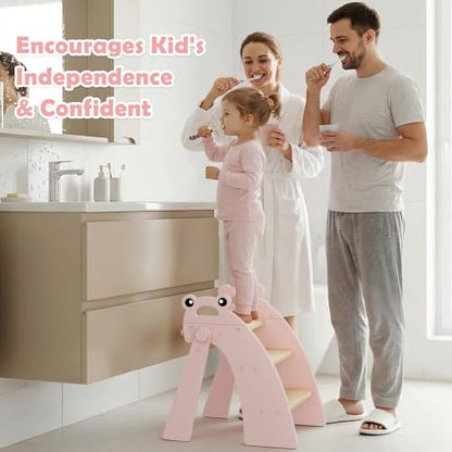 Wooden 3 Step Stool for Kids Bathroom Sink Foldable Anti-Slip, Child Stepping Stool for Kitchen Nursery Bedroom, Sturdy Non Slip Adult Stool for Closet - color: Pink Frog