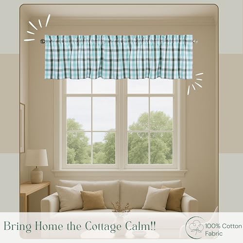 Gingham Valance Curtains, 2 Pack, 54x18 Inches, 100% Cotton Farmhouse Window Valances, Rod Pocket Curtain for Kitchen, Bedroom, Bathroom, Living Room, Mint Green - Aqua Green - White - color: Multi Green - Gingham, size: 18"W x 54"L (Pack of 2)