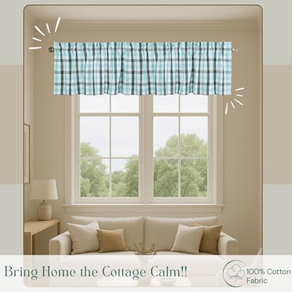 Gingham Valance Curtains, 2 Pack, 54x18 Inches, 100% Cotton Farmhouse Window Valances, Rod Pocket Curtain for Kitchen, Bedroom, Bathroom, Living Room, Mint Green - Aqua Green - White - color: Multi Green - Gingham, size: 18"W x 54"L (Pack of 2)