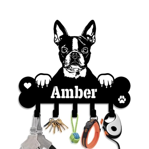 NIWAHO Dog Leash Holder Wall Mount Personalized Name - Custom Boston Terrier Metal Sign with Bone Key Hooks, Pet Leash and Key Organizer for Entryway - color: Boston Terrier