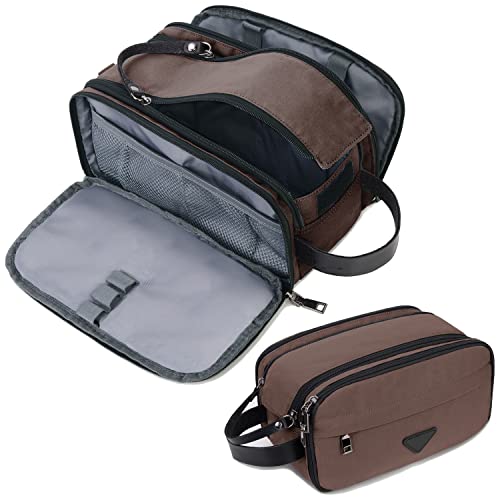 CROCOD Toiletry Bag for Men - Water-Resistant Oxford Travel Organizer Dopp Kit with Double Zippers, Padded Shaving Bag for Bathroom, Gym, Dorm - Multi-Function Cosmetic Storage Bag (Brown) - color: Brown