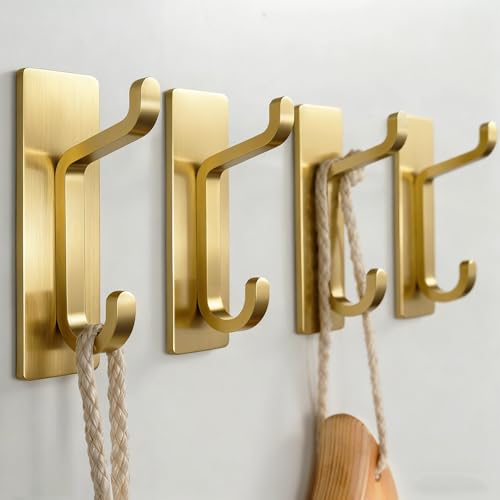 Self Adhesive Wall Hooks for Hanging: Extra Strong 13 LB, Hook for Coat, Towel in Bathrooms, Shower, Kitchen, Wall, Door Hook, Brushed Gold 4 Pack - color: Gold, size: 4 Pack