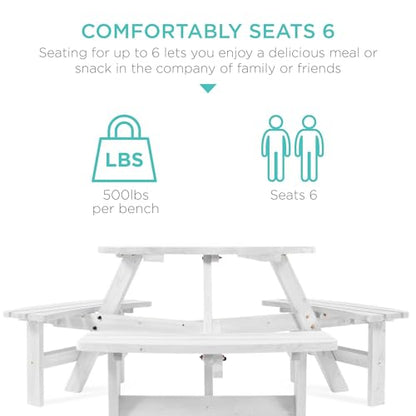 Best Choice Products 6-Person Circular Outdoor Wooden Picnic Table for Patio, Backyard, Garden, DIY w/ 3 Built-in Benches, 500lb Capacity - White - color: White