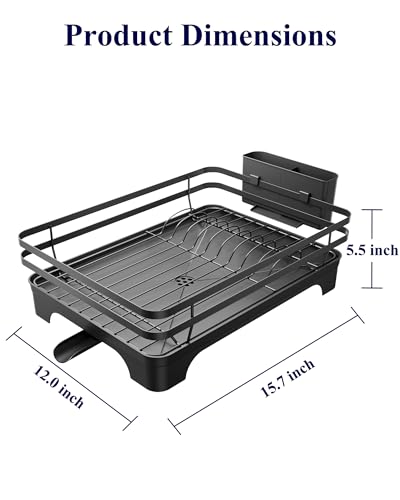 Kitsure Dish Drying Rack - Multi-Functional Dish Rack for Kitchen Counter with Cutlery Holder, Rust-Proof Storage Solution with Rotatable, 15.7" x 12.0" x 5.5", Black - color: Black