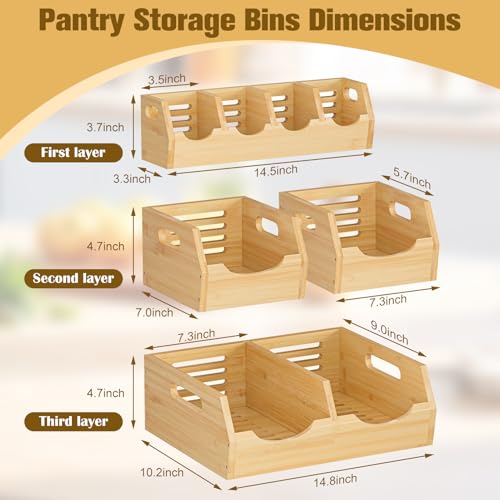 3-Tier Bamboo Storage Bins, Modular Potato & Onion w/ Spices | 4-pc bamboo set: 1 spice tray, 3 veggie baskets. Ventilated. Great for counters, bathrooms, living rooms.