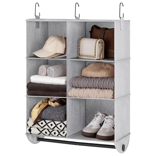StorageWorks Hanging Closet Organizer with Metal Rod, 6-Section Closet Organizers and Storage, Collapsible Hanging Shelves for Closet, Bedroom, Kids Dorm Room, RV Camper, Grey and White - color: Grey & White, size: 12¼"D x 24½"W x 33½"H