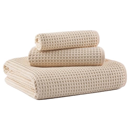 MICROFI New Microfiber Waffle Bath Towels, 3 Pieces, Oversized, Soft, Absorbent, Fast Drying, Lint Free, Includes Bath, Face and Hand Towels 430 GSM (Champagne) - color: Champagne