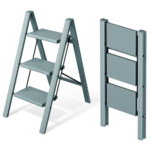 Mayi Plus 3 Step Ladder,Aluminum Folding Step Stool for Adults,Step Ladder with Wide Anti-Slip Pedal,330 lbs Capacity for Home,Office,Kitchen,Library(Blue) - color: Blue, size: 3 Step