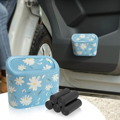 Mini Car Trash Can with Lid – Cute Floral Trash Can for Women, Automotive Garbage Bin with 5 Bags, Organizer for Front and Back Seat, Girly Car Accessories for SUV, Truck, Sedan, Teen Girls - color: Blue