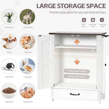 Pet Feeding Station, Dog Feeding Station, Dog Food Storage Cabinet, Pet Food Toy Organiser with 2 Elevated Bowls and Hook for Feeding and Drinking, White - size: Wood White