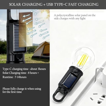 Solar Camping Lantern, Portable LED Camping Light with Light Sensor, USB Rechargeable Tent Light, Dusk to Dawn Waterproof Hanging Emergency Light for Outdoor Hiking Backpacking Patio Warm White 2 Pack
