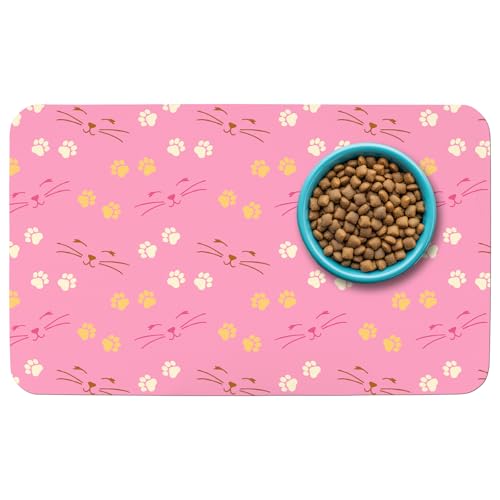 Patterned Cat & Dog Bowl Mat for Food and Water, 12"×20" Quick Dry Absorbent Pet Feeding Mat, Eco-Friendly Dog Placemat - color: Pink-catpaw, size: Small (12" x 20")
