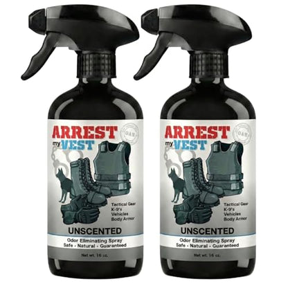 Arrest My Vest Military and Police Grade Odor Eliminating Spray for Body Armor, Tactical Gear. Safe on K9's, ballistic vests and all fabrics including leather - Unscented - 2 16 oz Bottles - size: 32 fl oz (2 Bottles)