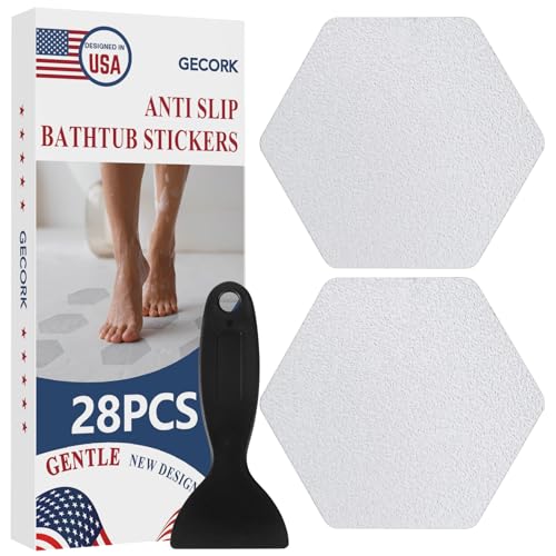 Gecork 28 PCS Shower Floor Non Slip Stickers with Strong Adhesive, Invisible & Durable Anti Slip Shower Stickers with Scraper for Bath Tub, Pools and Stairs, Clear, Hexagonal - color: Clear