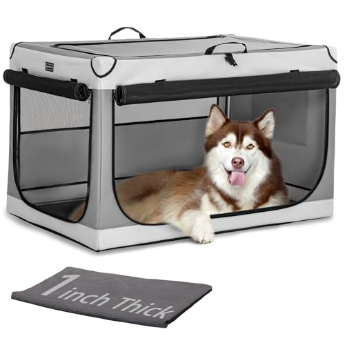 PETSFIT Portable Dog Crate for Large Dogs, – 40" Soft Dog Travel Crates with Lockable Zippers & Thicken Mat, Adjustable Patented Spiral Steel Frame, Collapsible Kennel for Indoor & Outdoor - color: Light Gray(With Mat), size: 40.0"L x 25.0"W x 25.0"H