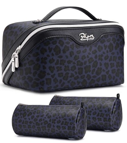BOYATU Travel Makeup Bags Cosmetic Organizer Bag: 3 Pcs Set Large Capacity Make up Bag with Compartments - Waterproof Leather Toiletry Bags with Handle for Women (B-Blue) - color: B-Blue