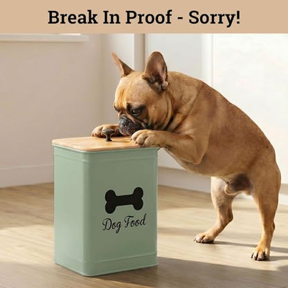 Dog Food Container Airtight 5-7 lb (25 Cup) Capacity - Cute Airtight Dog Food Storage Container with Bamboo Lid & Sturdy Metal Handle - Green Metal Kibble Storage Bin for Dogs up to 50 lbs - Pet Jar - color: Sage Green