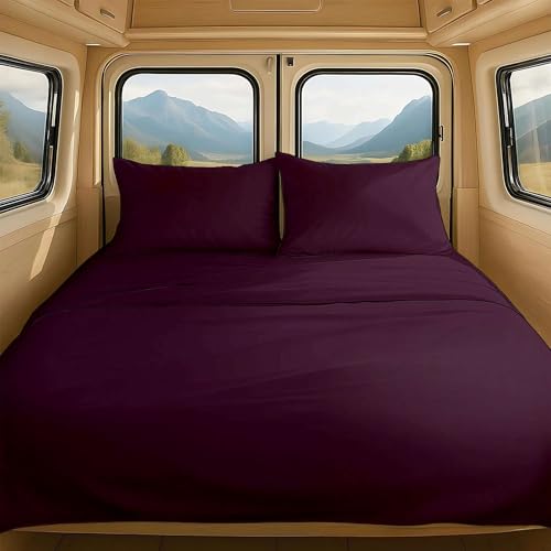 NON Sticky cotton 4 Piece Premium Egyptian Cotton RV Short Queen Sheet Set, 15" Deep Pocket Fitted, Soft, Easy Care, Camper Bedding Sheets for Bunks and Motorhomes, 60" x 75", Purple Solid - color: Purple Solid, size: Short Queen
