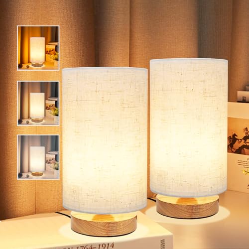 3-Color Adjustable Bedside Table Lamp for Bedroom Set of 2,Minimalist Wood Base&Round Fabric Shade,Cozy Lighting Nightstand Boho Lamp,Reading Desk Night Stand Light for Room,Office,kitchen,Nursery - size: 3 Color Adjustable - Set of 2
