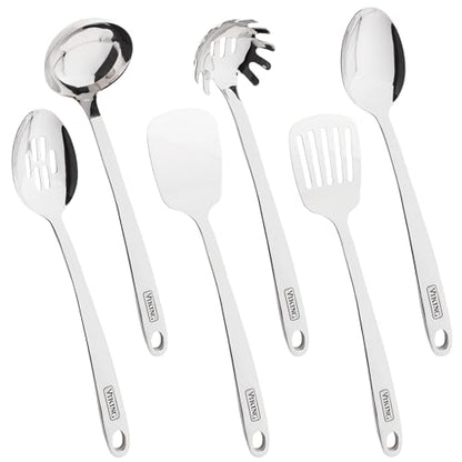 Viking Kitchen Utensils Set, 6 Piece Stainless Steel Cooking Utensil Set, Includes Spatulas, Spoons, Pasta Fork, and Deep Ladle, Hollow Forged, Silver - style: 6-Piece Set