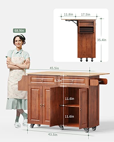 Qsun Kitchen Island with Drop Leaf and Storage, on Wheels Two Drawers, Large Storage Cabinet, Towel Rack Spice Cart Brown - color: Brown