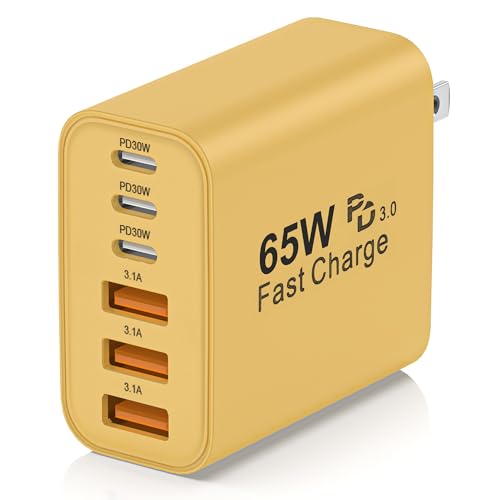 65W USB C Charger Block,6-Port Multi Device Fast Charger PD QC Wall Adapter | GaN technology saves space and reduces heat,ideal for home,office,travel,wide compatibility for iphone & USBC devices（Yellow - color: Yellow