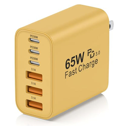 65W USB C Charger Block,6-Port Multi Device Fast Charger PD QC Wall Adapter | GaN technology saves space and reduces heat,ideal for home,office,travel,wide compatibility for iphone & USBC devices（Yellow - color: Yellow