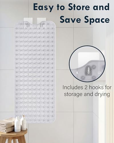Gecork Bathtub Mat Non Slip with 2 Hooks, 40"x16" Extra Large Bath mat for Tub & Shower, Anti Slip, Machine Washable, Soft & Comfortable for Families, Clear