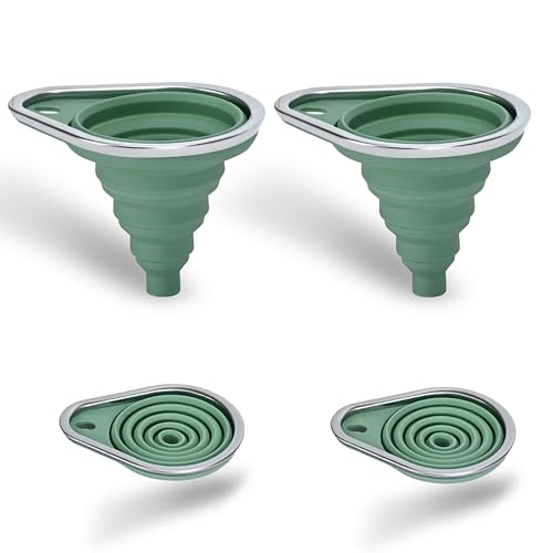 Stainless Steel Rim Small Silicone Collapsible Funnel Set, 2 Pack Mini Kitchen Funnels for Oil Bottles, Sauce, Vinegar, Essential Oils, Food Grade Liquid & Powder Transfer