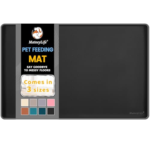 MateeyLife Silicone Cat & Dog Food Mat for Floors Waterproof, Anti-Slip Dog Bowl Mats for Food and Water, Pet Feeding Mats with Lip to Prevent Spills, Pet Placemat for Messy Drinkers to Protect Floors - color: Black, size: 18''×12''