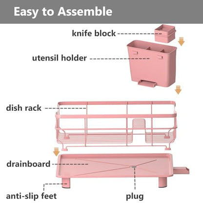 AIDERLY Auto Drain Metal Dish Drying Rack Dish Drainers, Pink | with Draining Tray, Strainer, for Kitchen Counter, Sink - color: Pink