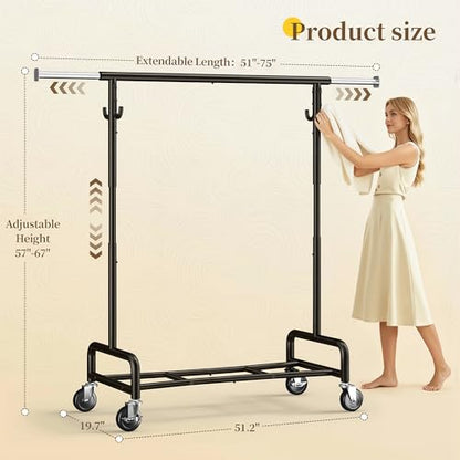 Raybee 75" W Heavy Duty Clothes Rack Load 450 LBS, Metal Garment Storage with Shelf, Lockable Wheels & Anti-Slip Stoppers, Rolling Clothing Rack for Bedroom Laundry Room, Black - color: Black, style: Rod Shelf