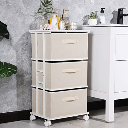 MAX Houser Dresser Tower with 3 Drawers for Bedroom, Fabric Storage Organizer Unit, Chest of Drawers with with WoodTop, Small Vertical Storage for Guest Room, Closet, Entryway(Beige) | Fabric Storage Organizer Unit, Chest of Drawers with with WoodTop, Sma