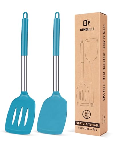 Pack of 2 Silicone Solid Turner, Non Stick Slotted Kitchen Spatulas, High Heat Resistant BPA Free Cooking Utensils, Ideal Cookware for Fish, Eggs, Pancakes(Blue) - color: Blue