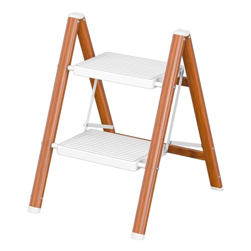DIAMONDFORGE 2 Step Ladder, Lightweight Folding Step with Wide Anti-Slip Pedal & Feet, 330 lbs Capacity,Sturdy Steel Step Ladder for Home,Office and Library,Light Woodgrain - color: Light Woodgrain, size: 2 Step