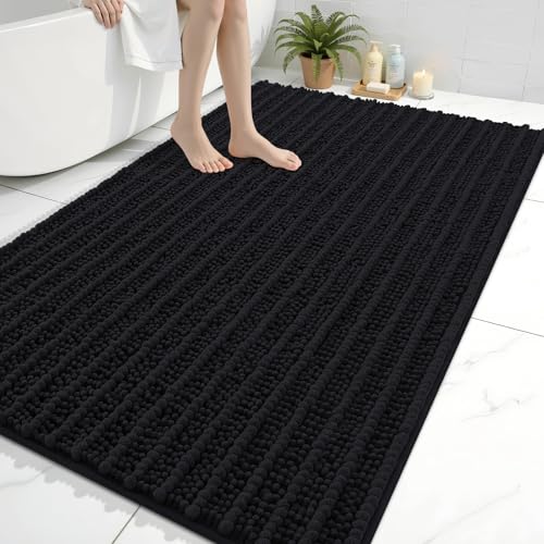 Arotive Luxury Bathroom Rugs 59x35, Extra Soft Thick Absorbent Shaggy Chenille Bath Rugs, Non-Slip Machine Wash Dry, Bath Mats for Bathroom Floor, Tub and Shower, Home Decor Accessories, Black - color: Black, size: 59" X 35"