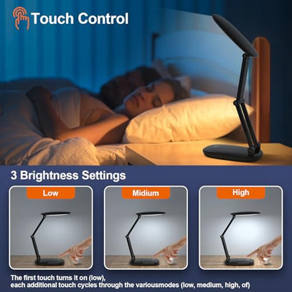 Akejrym LED Desk Lamp for Office Home & Battery Operated Lamp Rechargeable Lamp Foldable & Portable Light, [2-Fold Bracket] 3 Brightness Dimmable Small Desk Lamp Wireless Reading Lamp (Black) - color: Black