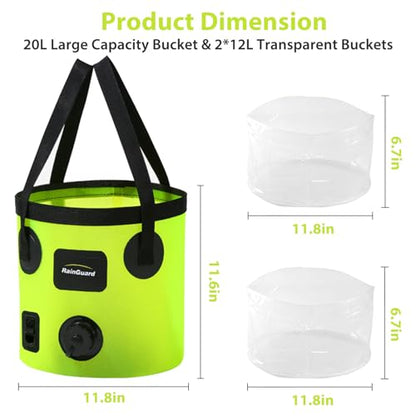 Collapsible Bucket with Handle 5.3 Gallon Container Folding Water Bucket Portable with 2 Clear Wash Basin for Camping Fishing Travelling Outdoor Gardening 20L Green