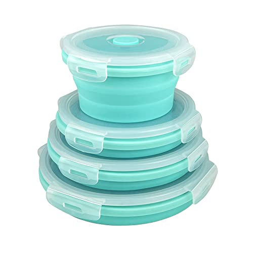 Guyuyii Collapsible Bowls with Lids 4 PC Food-Grade Silicone BPA-Free | Round Nesting Set for Camping, RV Travel, Kitchen Storage | Easy Cleaning, Compatible with Freezer, Microwaves, Dishwashers - color: blue round