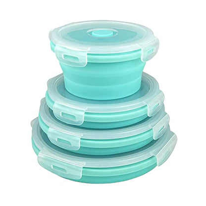 Guyuyii Collapsible Bowls with Lids 4 PC Food-Grade Silicone BPA-Free | Round Nesting Set for Camping, RV Travel, Kitchen Storage | Easy Cleaning, Compatible with Freezer, Microwaves, Dishwashers - color: blue round