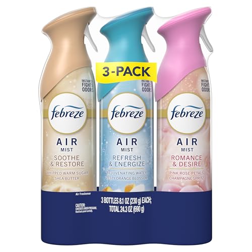 Febreze Air Mist, Air Freshener, Odor Fighting Room Spray, Deodorizer for Home Bathroom Kitchen Office Apartment, Soothe & Restore, Refresh & Energize, Romance & Desire Variety Pack, 8.1oz (Pack of 3) - style: Mood Mix Pack
