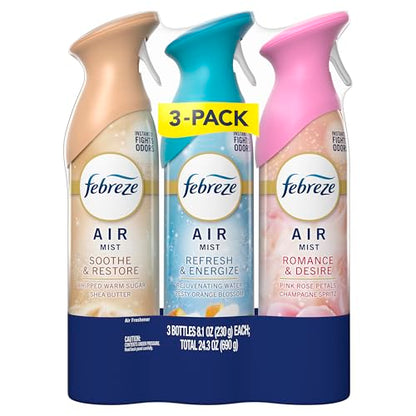 Febreze Air Mist, Air Freshener, Odor Fighting Room Spray, Deodorizer for Home Bathroom Kitchen Office Apartment, Soothe & Restore, Refresh & Energize, Romance & Desire Variety Pack, 8.1oz (Pack of 3) - style: Mood Mix Pack