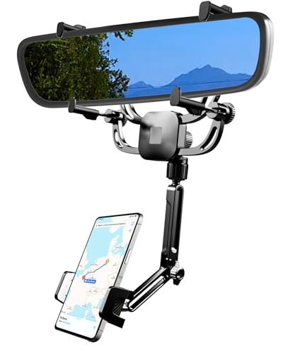 Karmus Rear View Mirror Phone Holder for Car – Universal Rearview Mirror Mount for iPhone & Android, All-Metal Arm, 360° Rotation No Suction Needed Car Cell Phone Holder Secure Fit for Most Vehicles - color: Four-Claw Mount Black