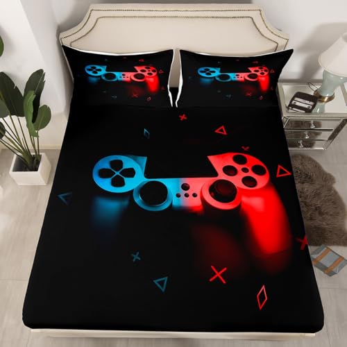 Boys Gamer Sheet Set Gamepad Gift for Teens Bedding Kids Girls Young Man Video Games Fitted Sheet Chic Pixel Abstract Bed Cover with 1 Pillowshams Black Red Blue Decor 2 Piece Luxury Soft,Twin Size - color: Color 01, size: Twin(39"x75")