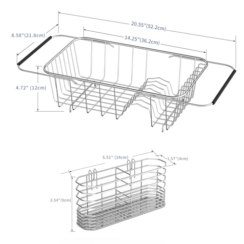 JAQ Over Sink Dish Drying Rack for Small Sink, Compact Expandable 14.25"–22.44", Adjustable 304 Stainless Steel Dish Drainer with Utensil Holder, Space Saving for Small Kitchen - size: 304 Stainless Steel - 9 dishes