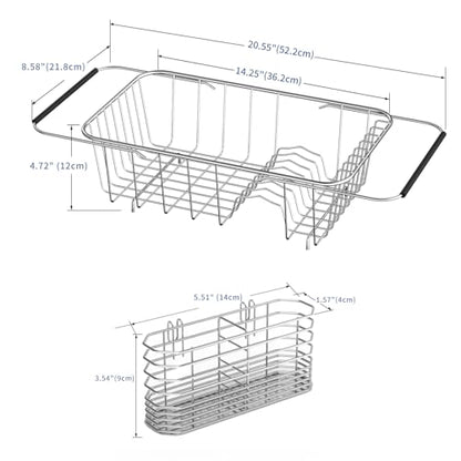 JAQ Over Sink Dish Drying Rack for Small Sink, Compact Expandable 14.25"–22.44", Adjustable 304 Stainless Steel Dish Drainer with Utensil Holder, Space Saving for Small Kitchen - size: 304 Stainless Steel - 9 dishes