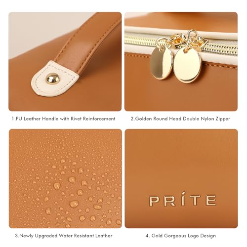 Prite Makeup Bag for Women Travel Waterproof Vegan Leather Cosmetic Bag Open Flat Toiletry Bag With Clear Divider and Handle (New Brown, Large) - color: New Brown, size: Large