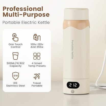 Travel Electric Kettle Portable Mini Kettle,316 Stainless Steel 16.91Oz/500ML,Small Hot Water Boiler with 4 Temperature Settings,Fast Boiling Water with Auto Shut-Off and Boil Dry Protection