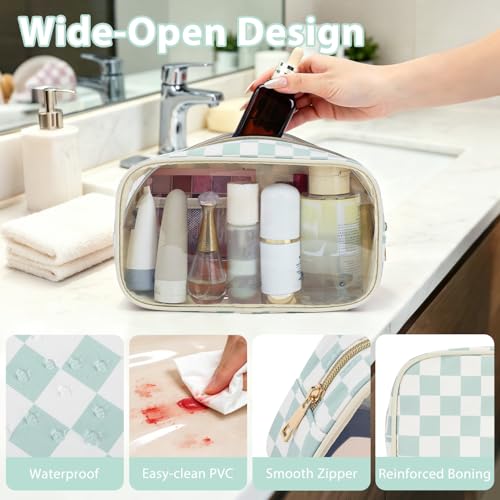 Fammart Clear Travel Makeup Bag for Women, TSA Approved Checkered Cosmetic Bag Make Up Car Organizer Case with Zipper, Large Waterproof Pouch Purse Toiletry Bag for Skincare, Brushes Travel Essentials - color: Clear, 2PCS - Green Checkered
